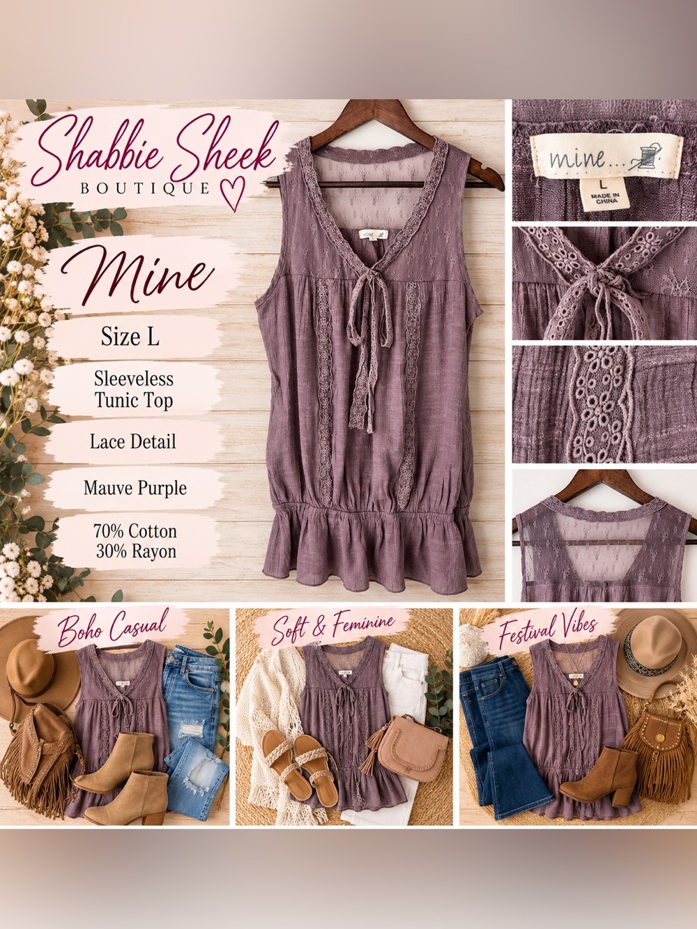 Mine Women’s Large Mauve Lace Babydoll Tunic Top Boho Hippie